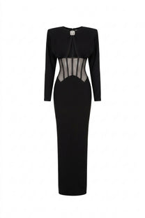 Gaëlle Long-Sleeve Gown With Sheer Boned Corset And Crystal Brooch - Black