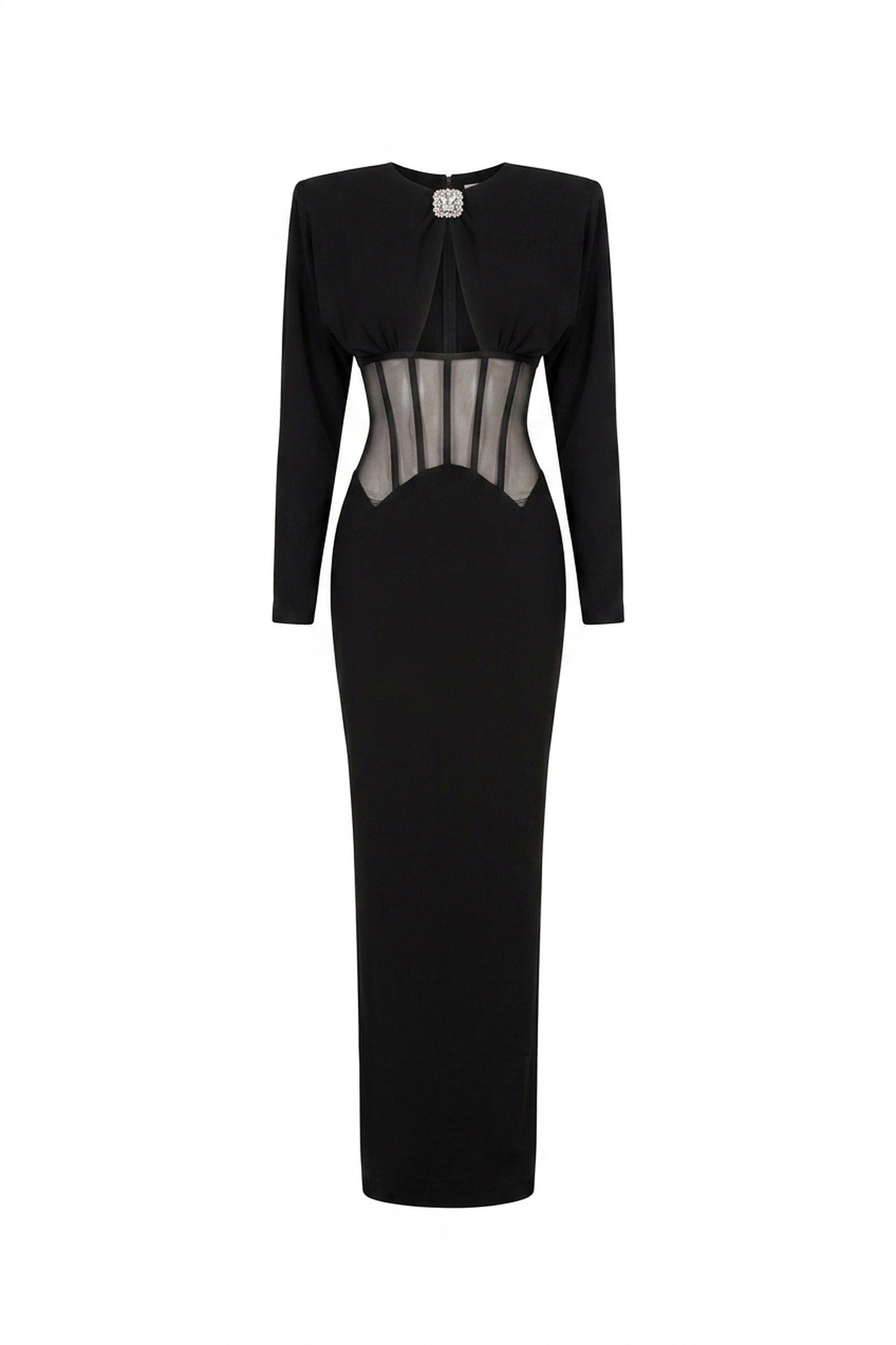 Gaëlle Long-Sleeve Gown With Sheer Boned Corset And Crystal Brooch - Black