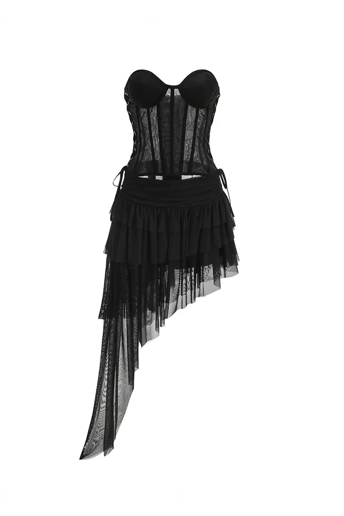Melanie Strapless Corset Mini Dress With Sheer Boning And Asymmetric Tulle Skirt - Black