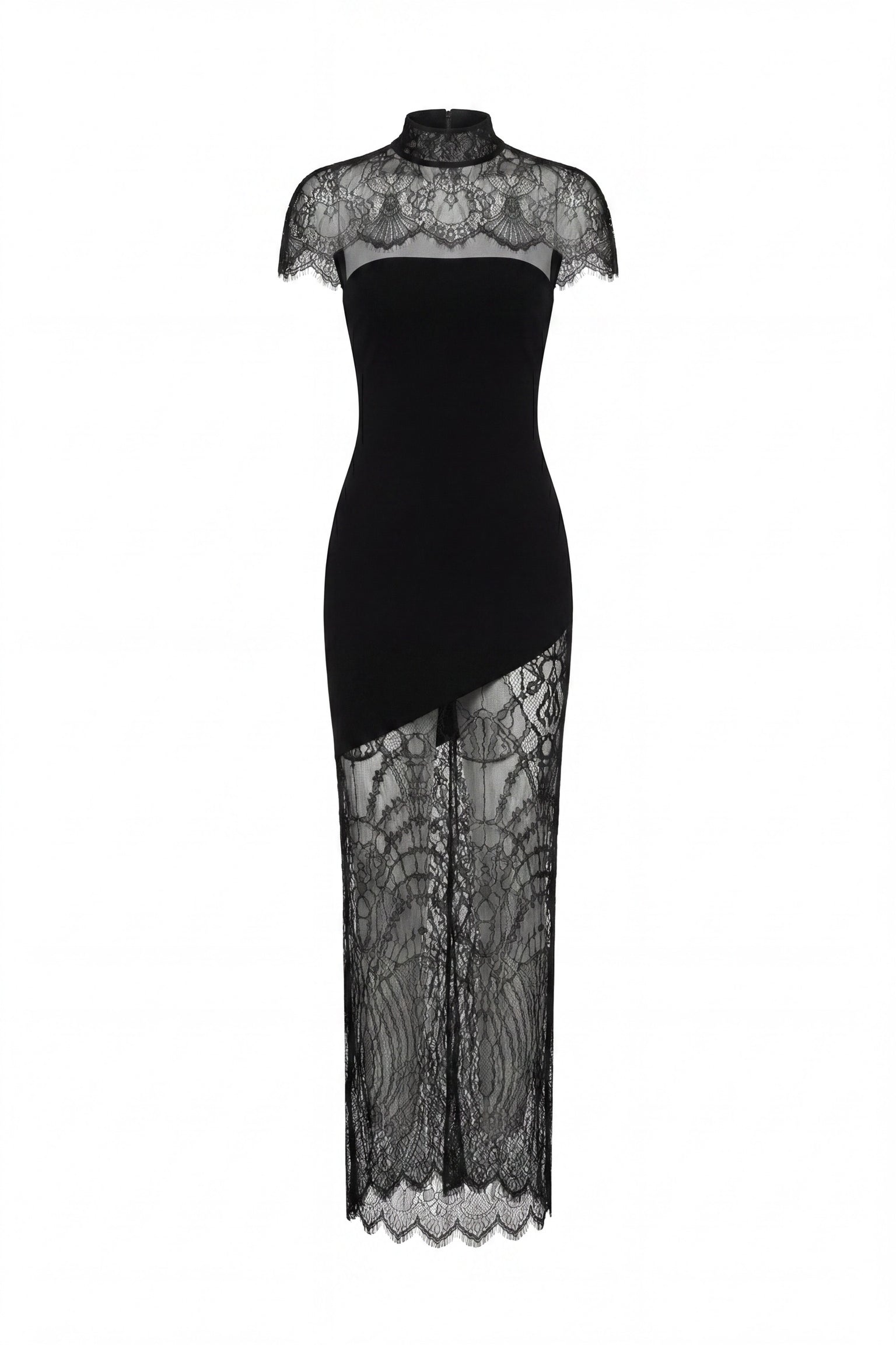 Elowen Elegant Maxi Dress With High Neckline And Detachable Lace Cape - Black