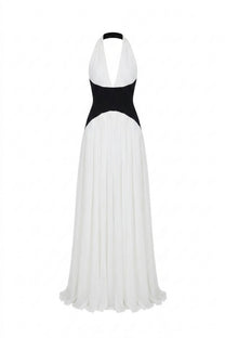 Agathe Halter Neck Pleated Gown With Contrast Corset Waistband - White