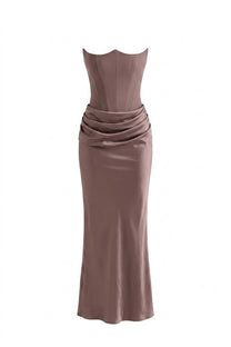 Isadora Strapless Corset Maxi Dress With Ruched Waist - Beige