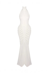 Sylvaine Halter Neck Ruched Mermaid Gown With Open Back - White