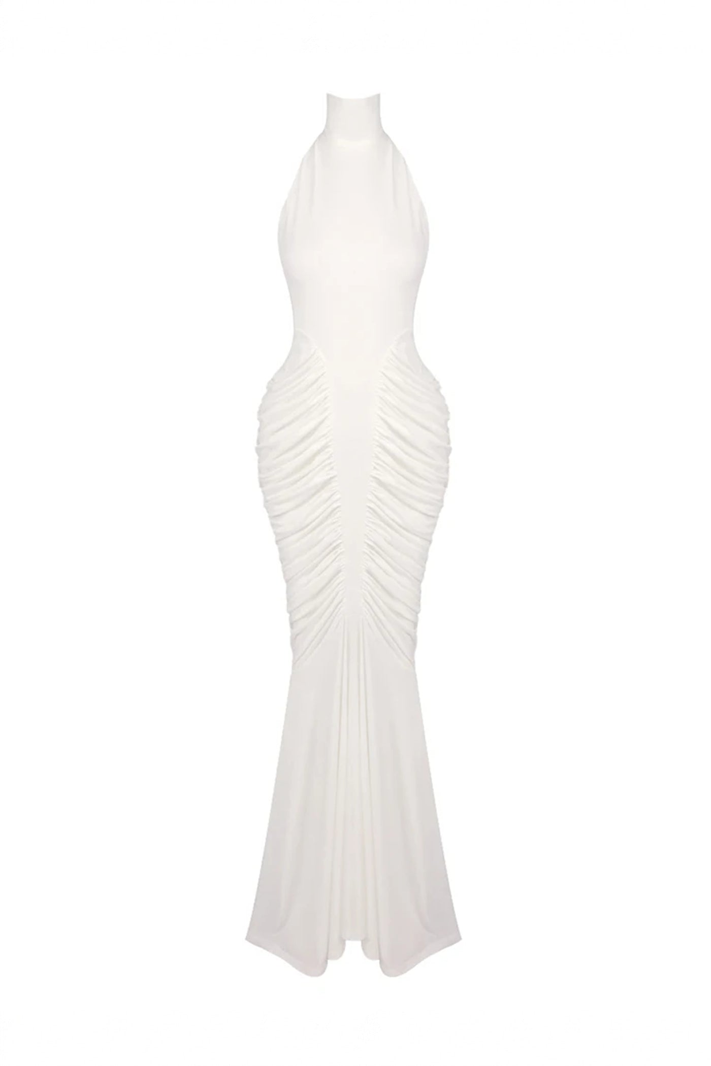 Sylvaine Halter Neck Ruched Mermaid Gown With Open Back - White