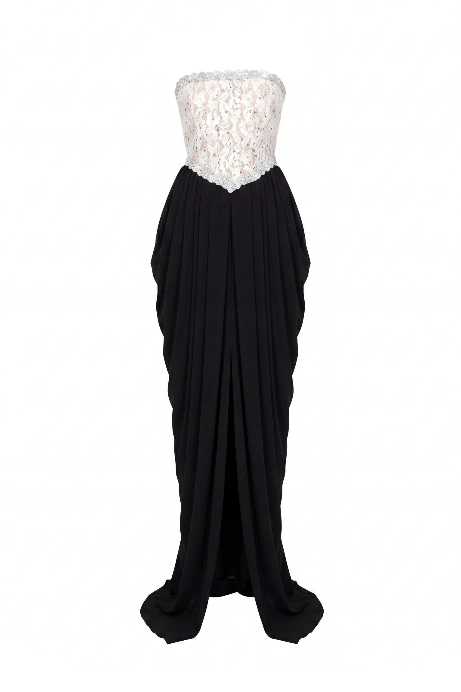 Sidonie Strapless Gown With Crystal Lace Corset And Pleated Draped Skirt - White