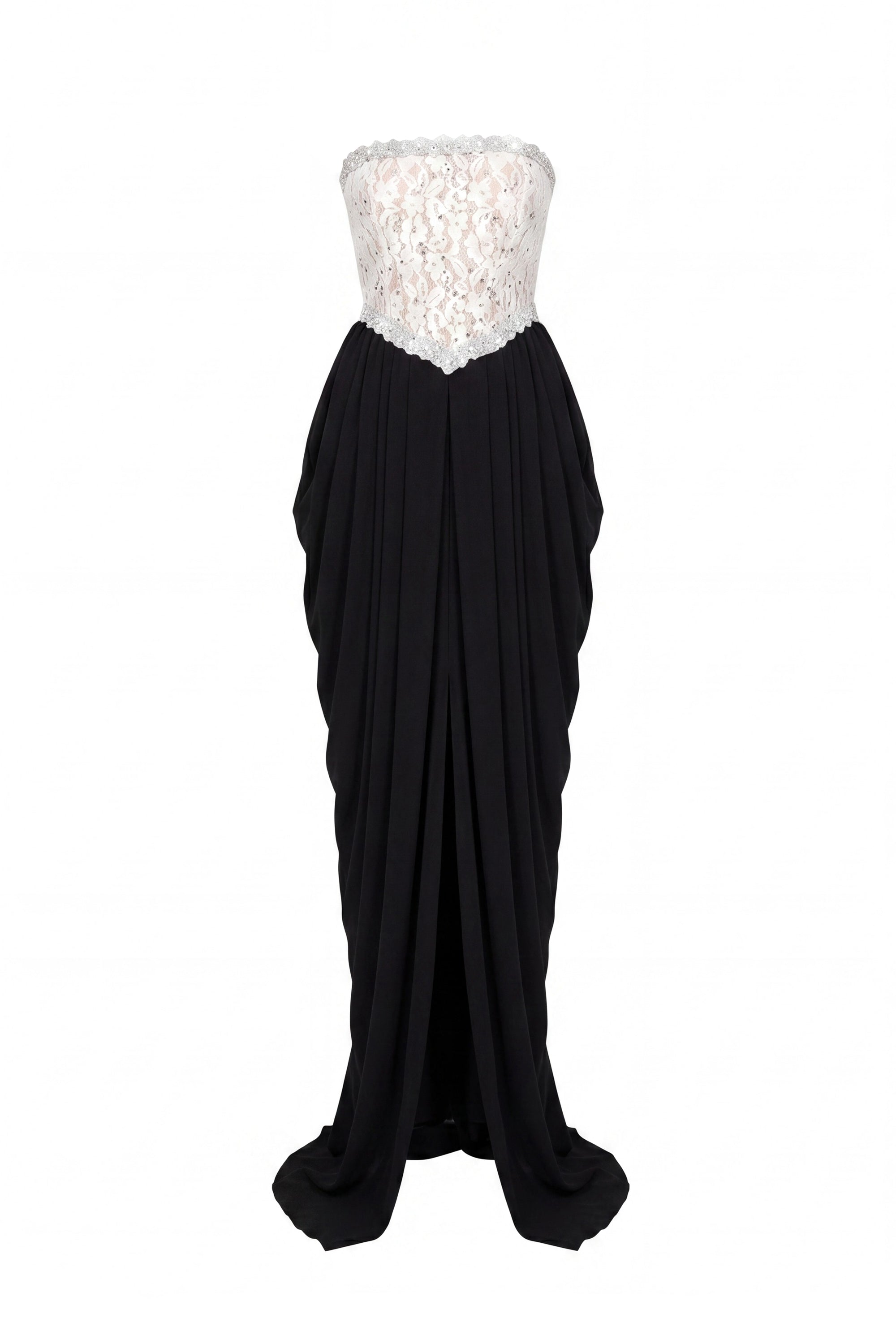 Sidonie Strapless Gown With Crystal Lace Corset And Pleated Draped Skirt - White