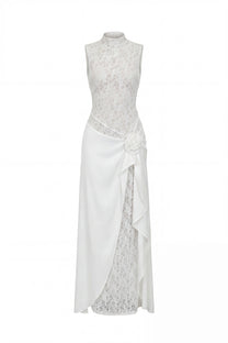 Vivienne Lace High-Neck Gown With Satin Skirt And Rose Detail - White