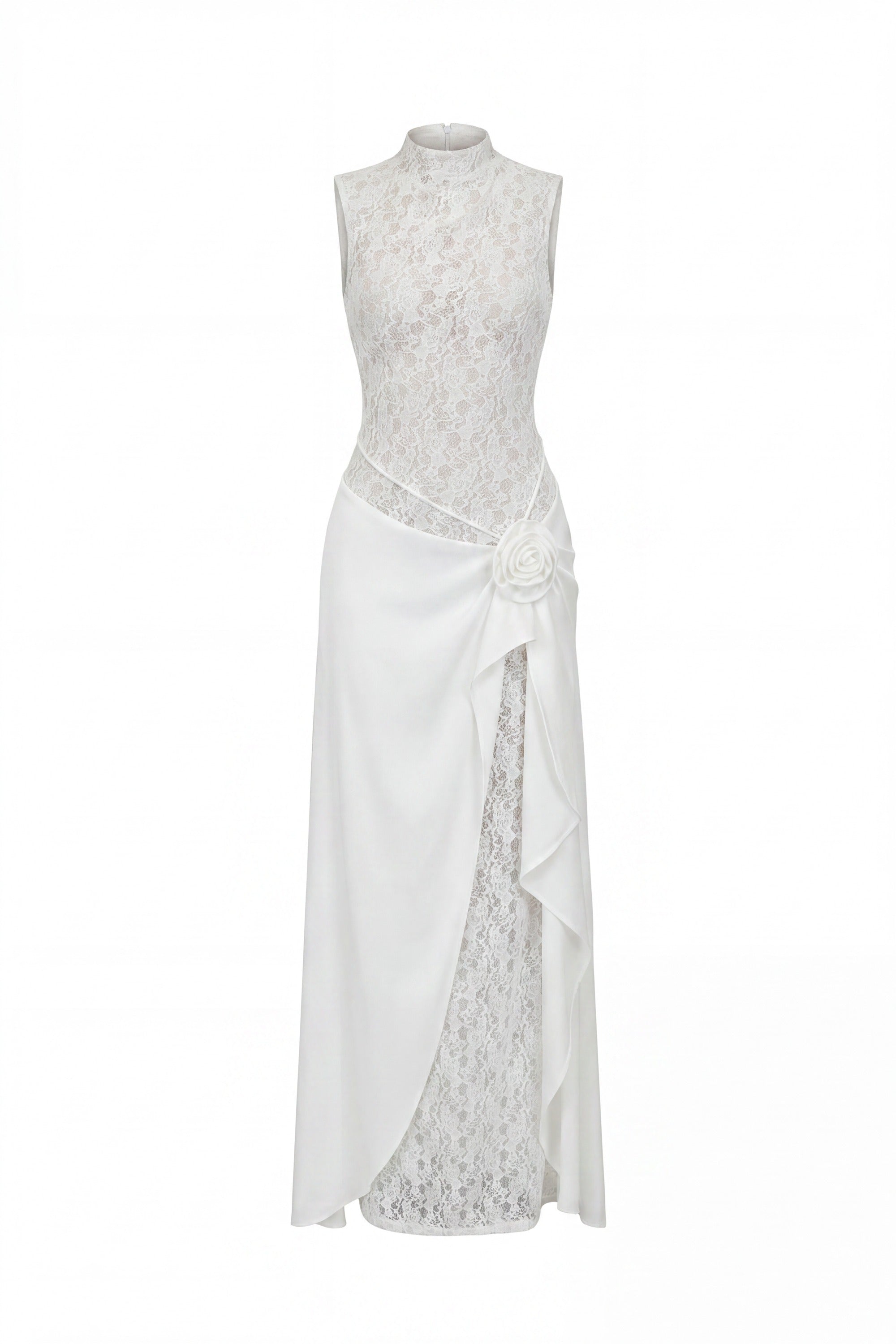 Vivienne Lace High-Neck Gown With Satin Skirt And Rose Detail - White