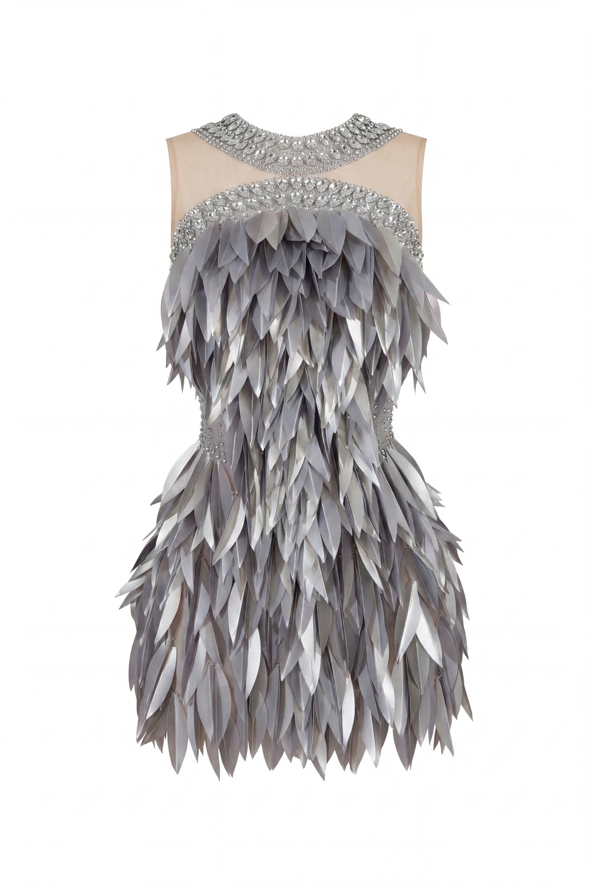 Laure Crystal-Halter Feather Mini Dress - Silver