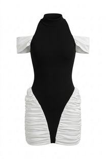 Blanche Contrast Mini Dress With High Neck And Ruched White Side Panels - Black