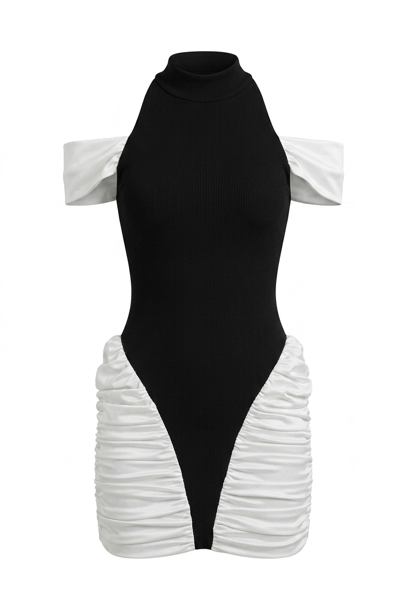 Blanche Contrast Mini Dress With High Neck And Ruched White Side Panels - Black
