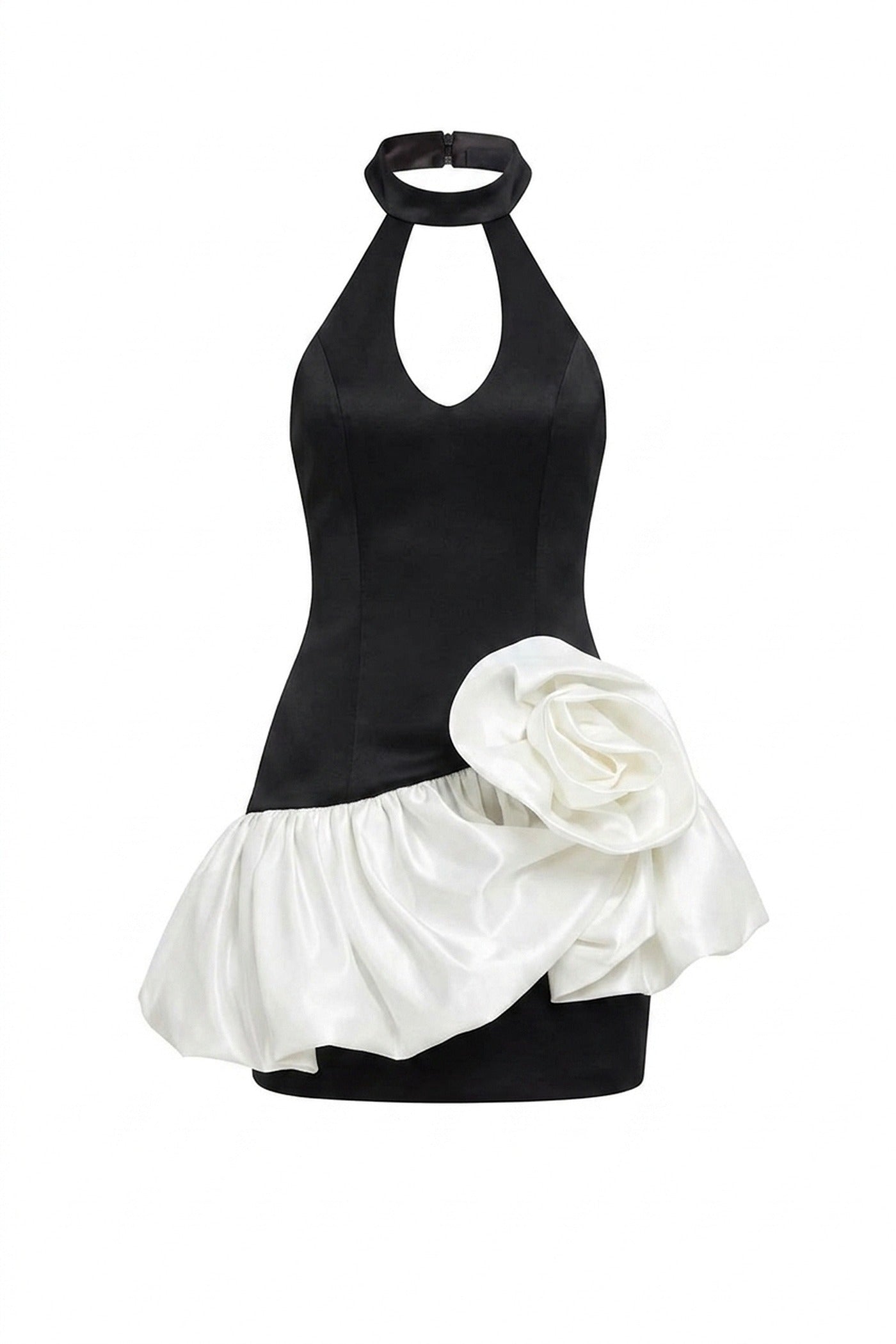 Zélie Halter Neck Mini Dress With Keyhole Cutout And 3D Rose Skirt - Black