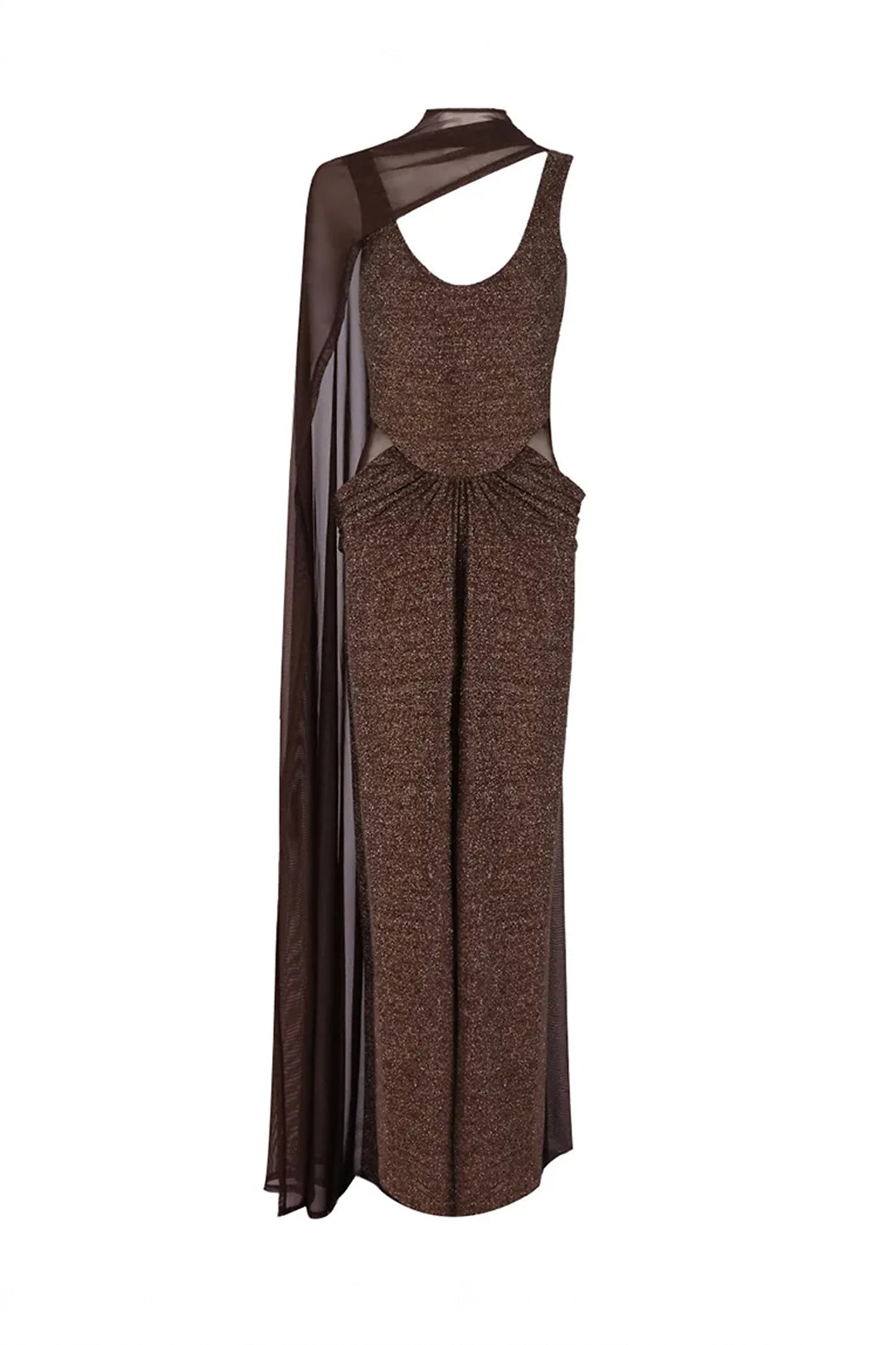Ambrine Glitter Knit Gown With Side Cutouts And Flowing Chiffon Cape - Coffee