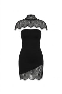 Elowen Elegant Mini Dress With High Neckline And Detachable Lace Cape - Black