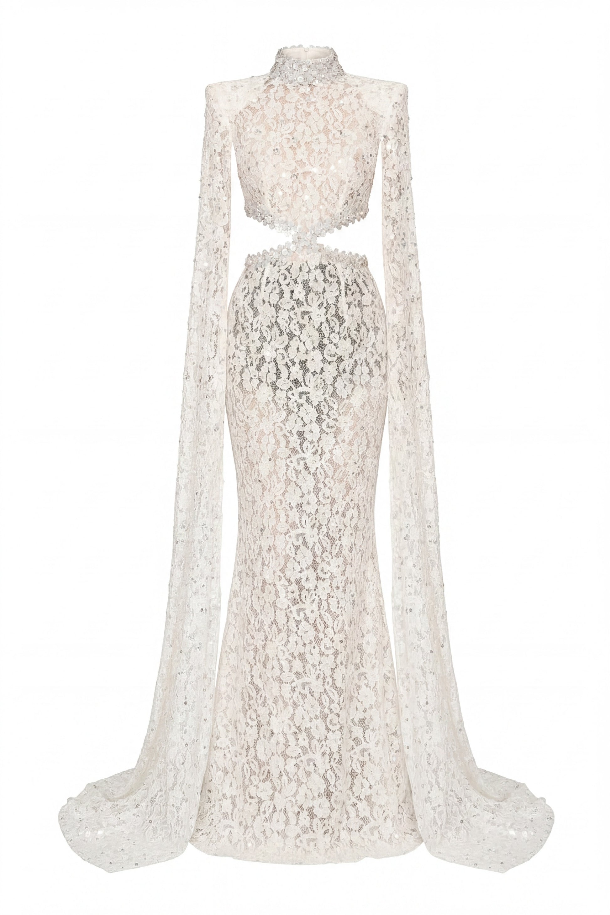 Mirabelle Lace Mermaid Gown With Cape Sleeves And Crystal Waist Detail - White