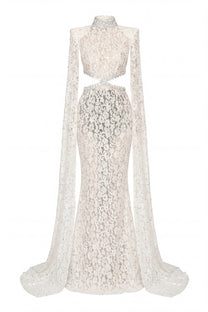 Mirabelle Lace Mermaid Gown With Cape Sleeves And Crystal Waist Detail - White