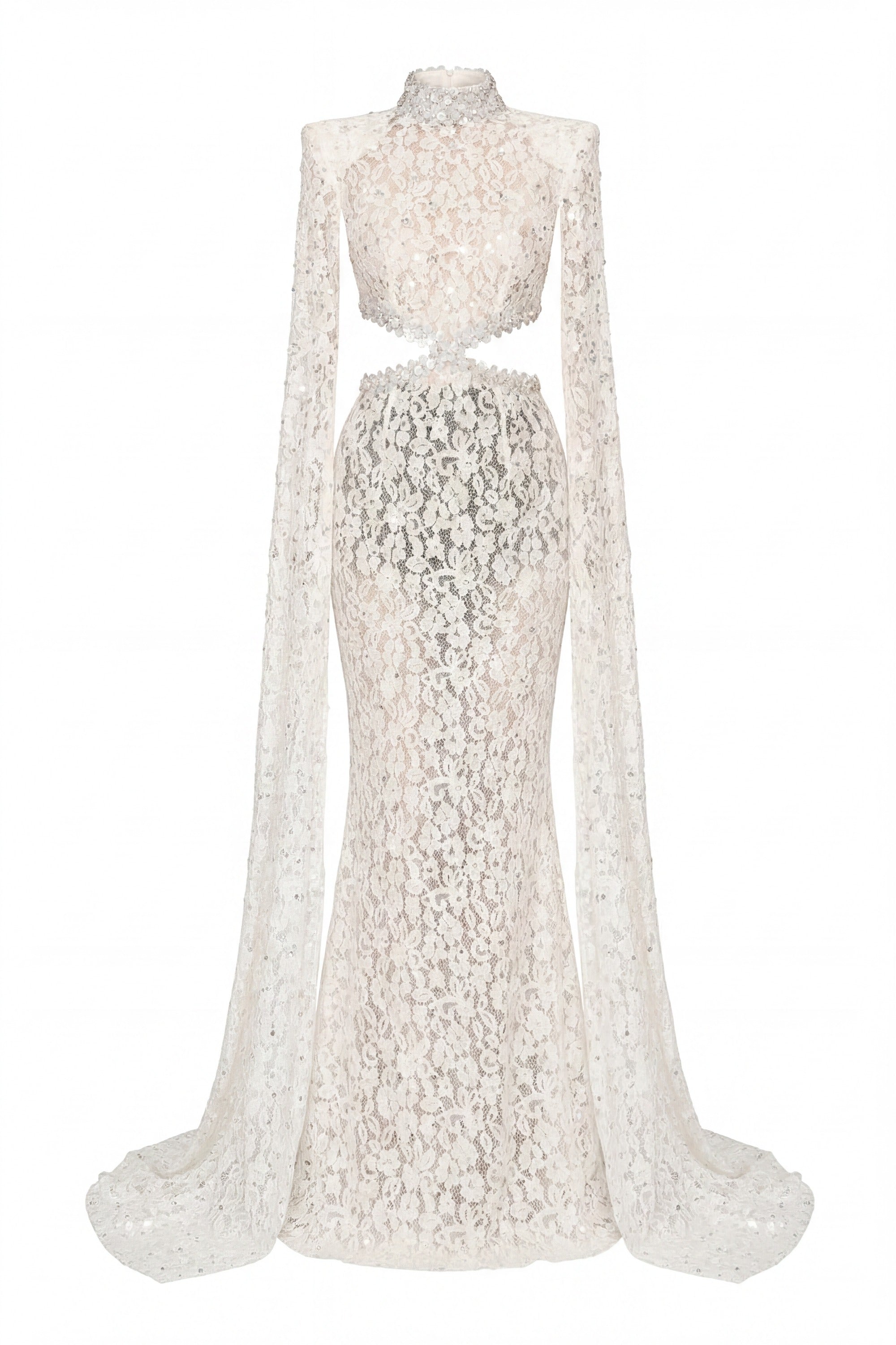 Mirabelle Lace Mermaid Gown With Cape Sleeves And Crystal Waist Detail - White