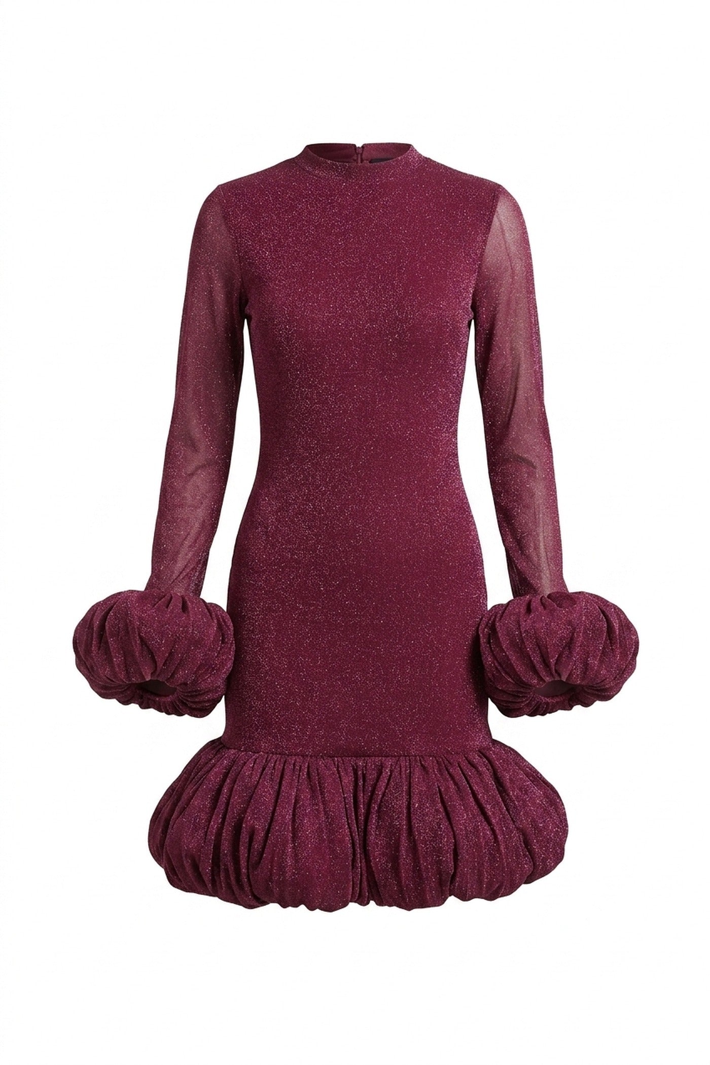 Bordeaux Glitter Knit Mini Dress With Puff Cuffs And Voluminous Bubble Hem - Wine