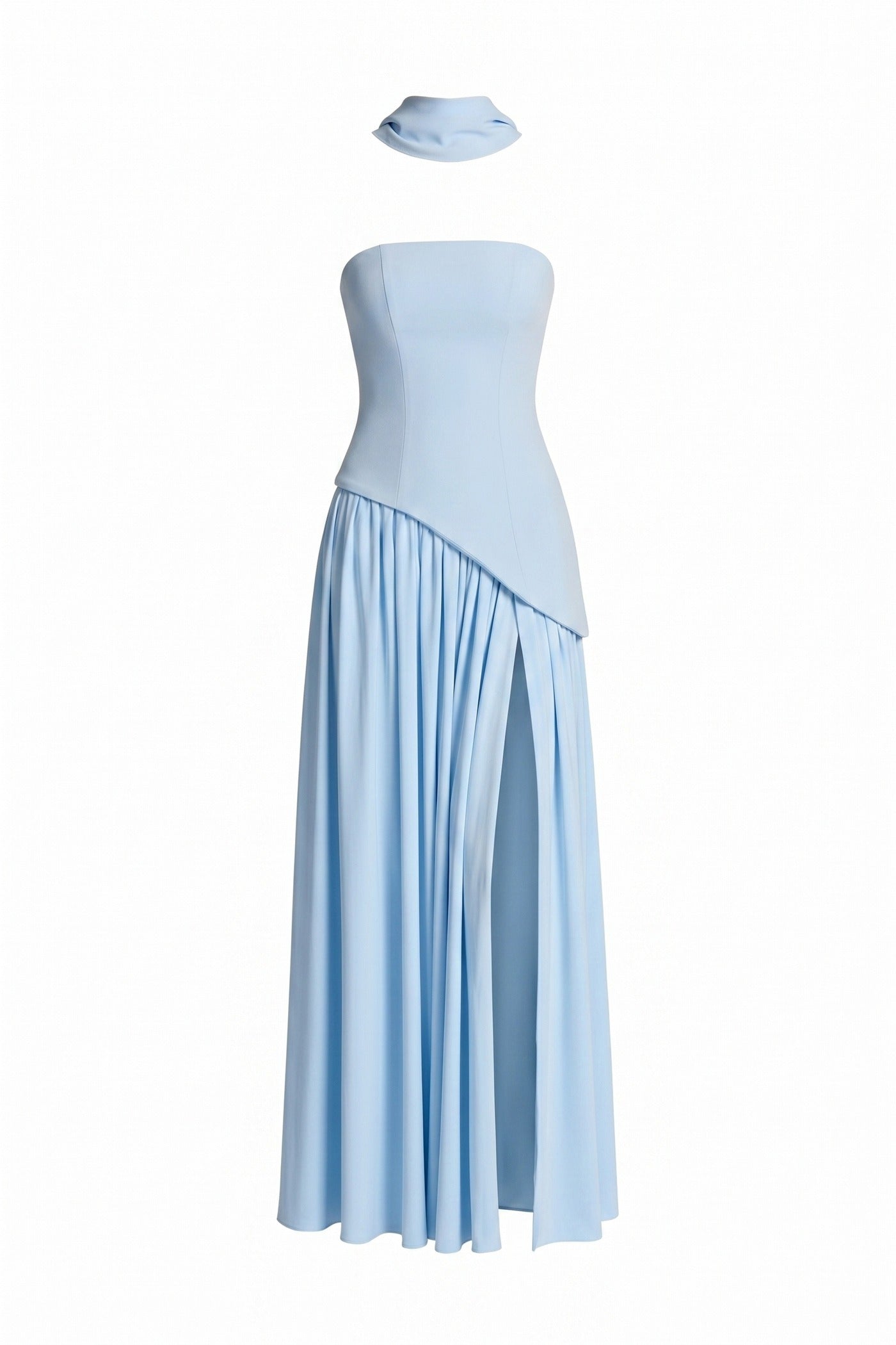 Yolène Strapless Ruched Maxi Dress With Draped Side Slit - Light Bue