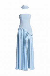 Yolène Strapless Ruched Maxi Dress With Draped Side Slit - Light Bue