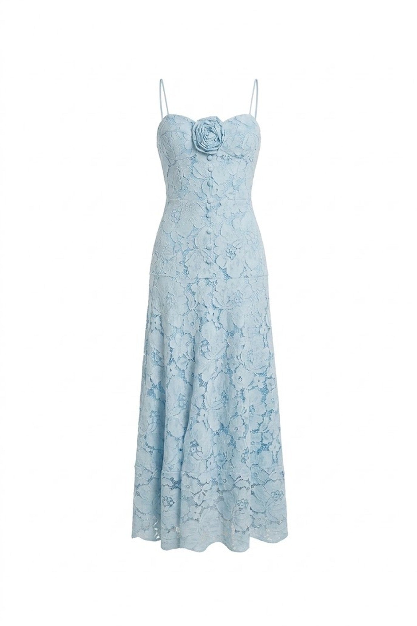 Iris Lace Midi Dress With Sweetheart Corset And 3D Rose Detail - Blue