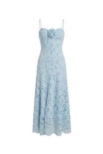 Iris Lace Midi Dress With Sweetheart Corset And 3D Rose Detail - Blue
