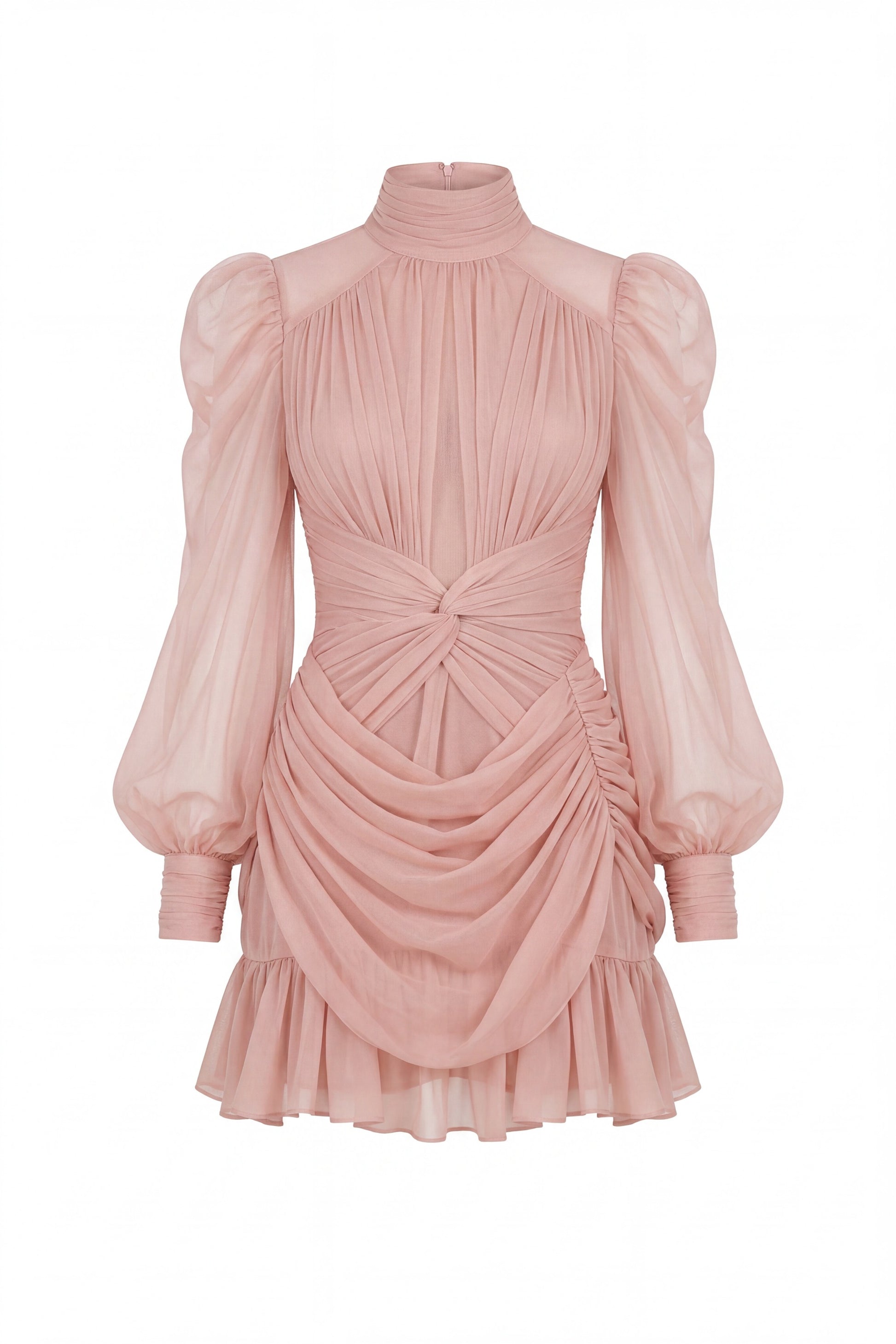 Théa High-Neck Ruched Mini Dress With Side Ruffle - Peach