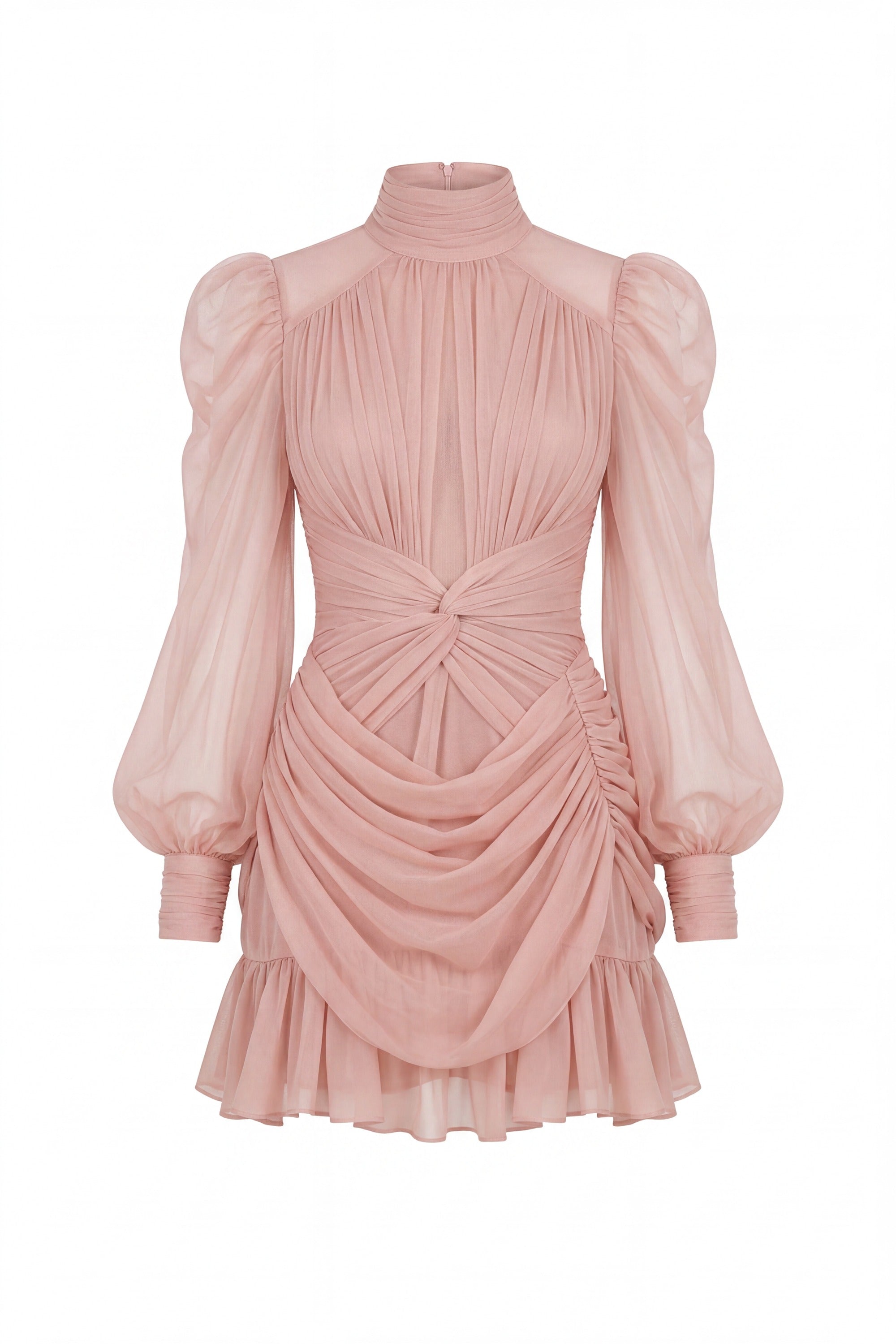 Théa High-Neck Ruched Mini Dress With Side Ruffle - Peach