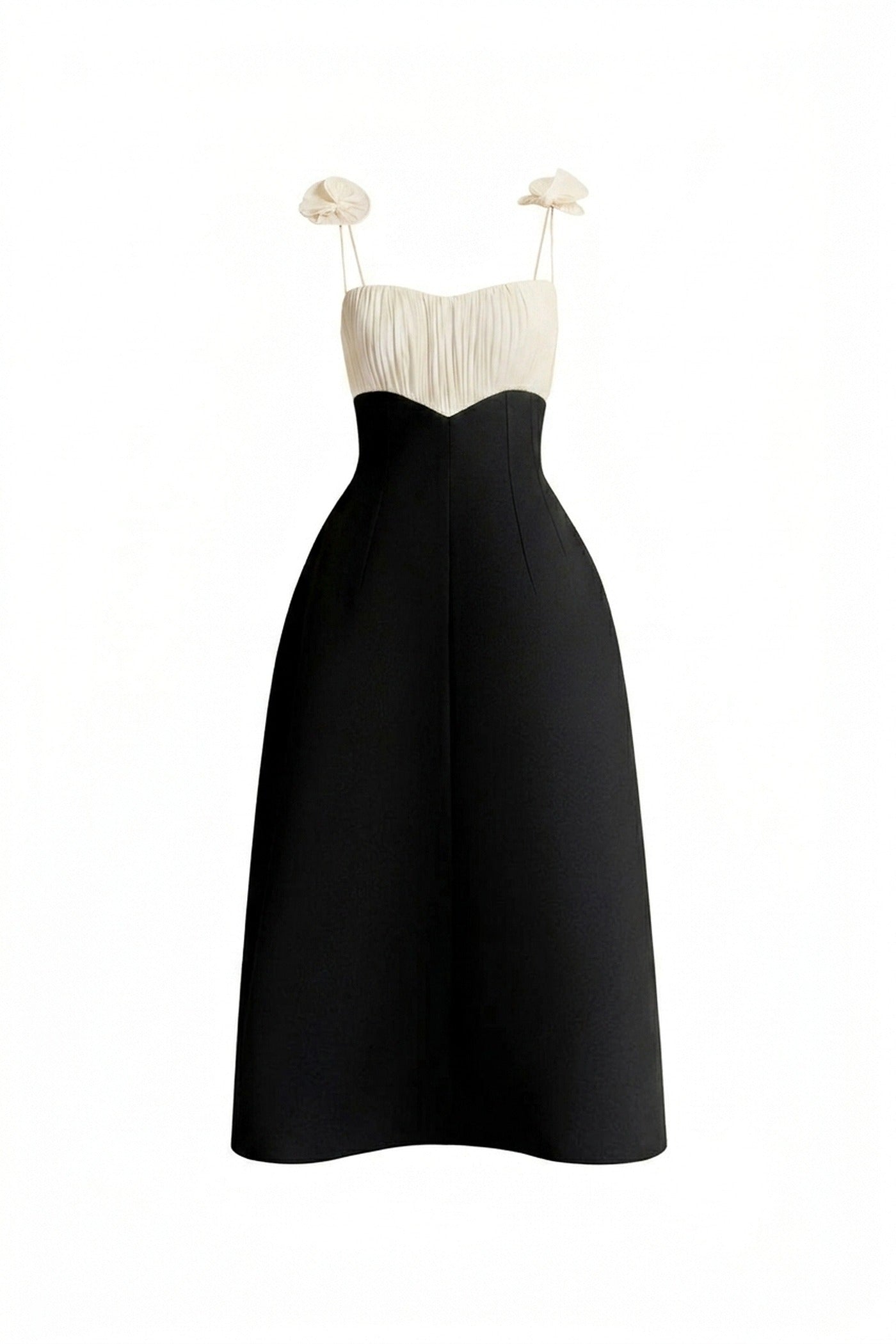 Isabeau Contrast Corset Midi Dress With Ruched Bodice And Floral Strap Detail - Black