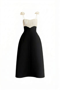 Isabeau Contrast Corset Midi Dress With Ruched Bodice And Floral Strap Detail - Black