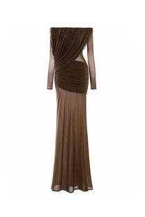Eléonore Off-Shoulder Mesh Gown With Draped Long Sleeves - Coffee