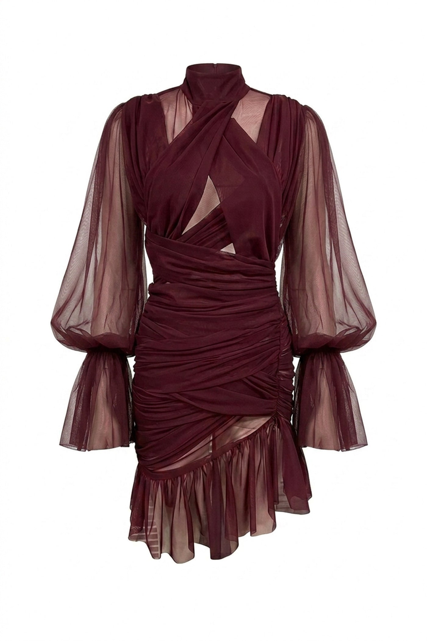 Théa High-Neck Ruched Mini Dress With Side Ruffle - Brown