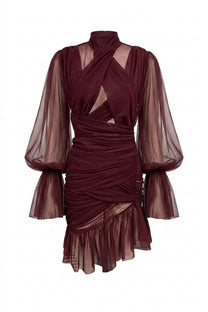 Théa High-Neck Ruched Mini Dress With Side Ruffle - Brown