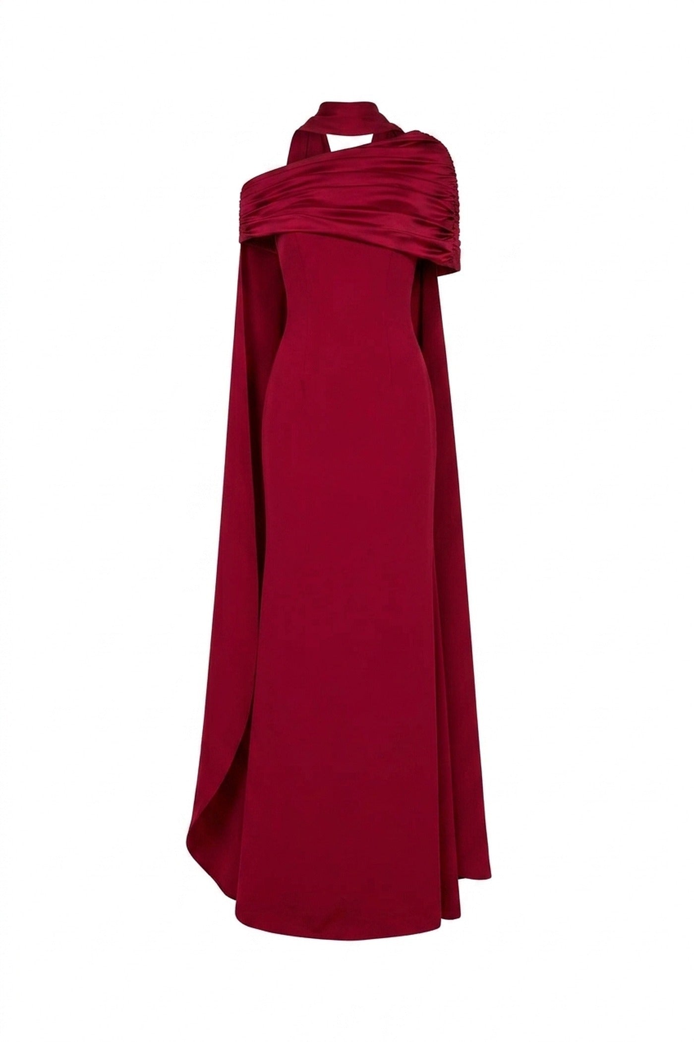 Ambrine Satin Column Gown With Draped Shoulder Wrap And High Neck - Red