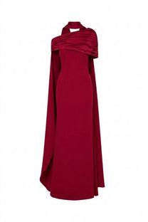 Ambrine Satin Column Gown With Draped Shoulder Wrap And High Neck - Red