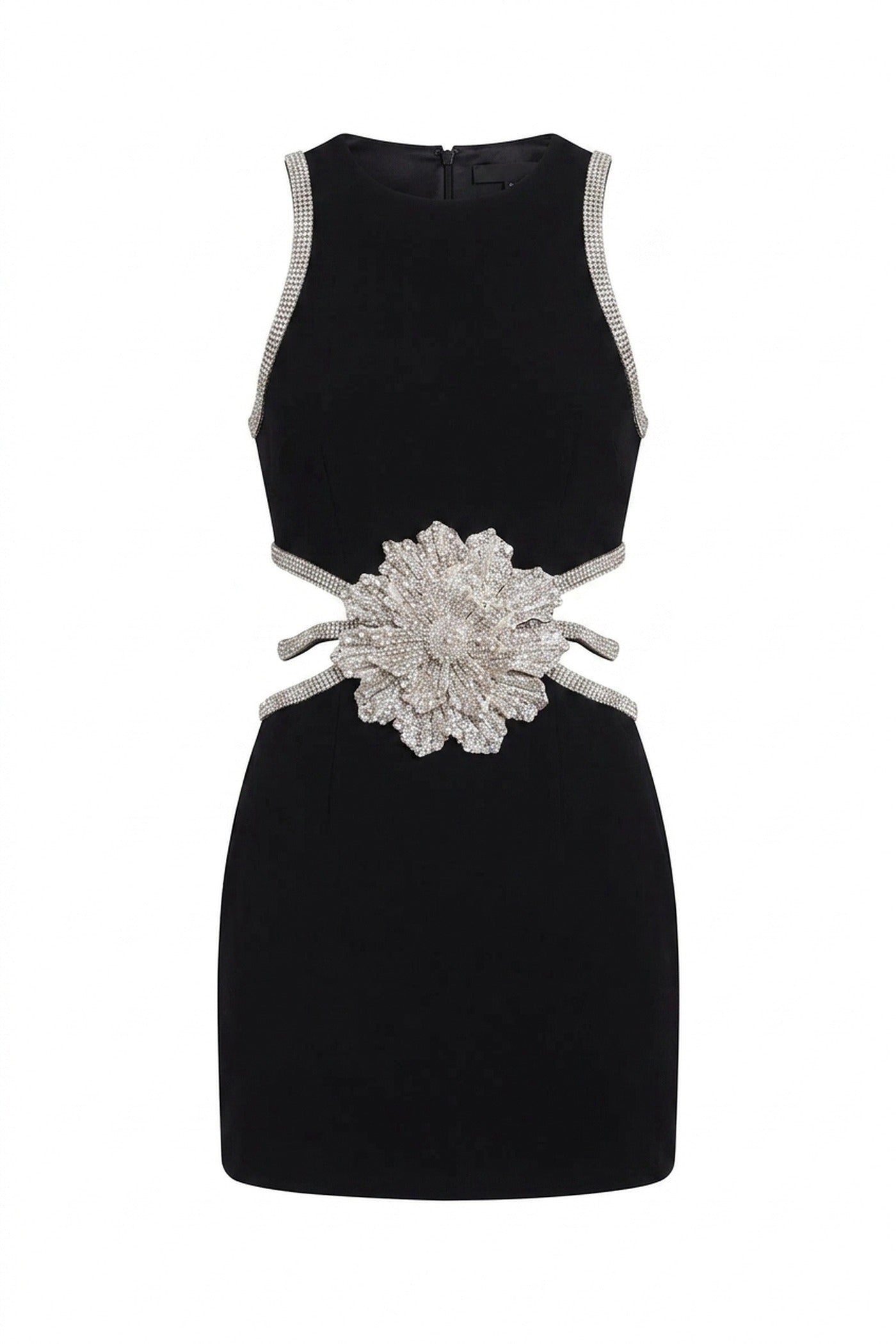 Emille Mini Dress With Crystal Flower Waist And Diamond-Trim Straps - Black