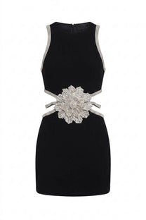 Emille Mini Dress With Crystal Flower Waist And Diamond-Trim Straps - Black