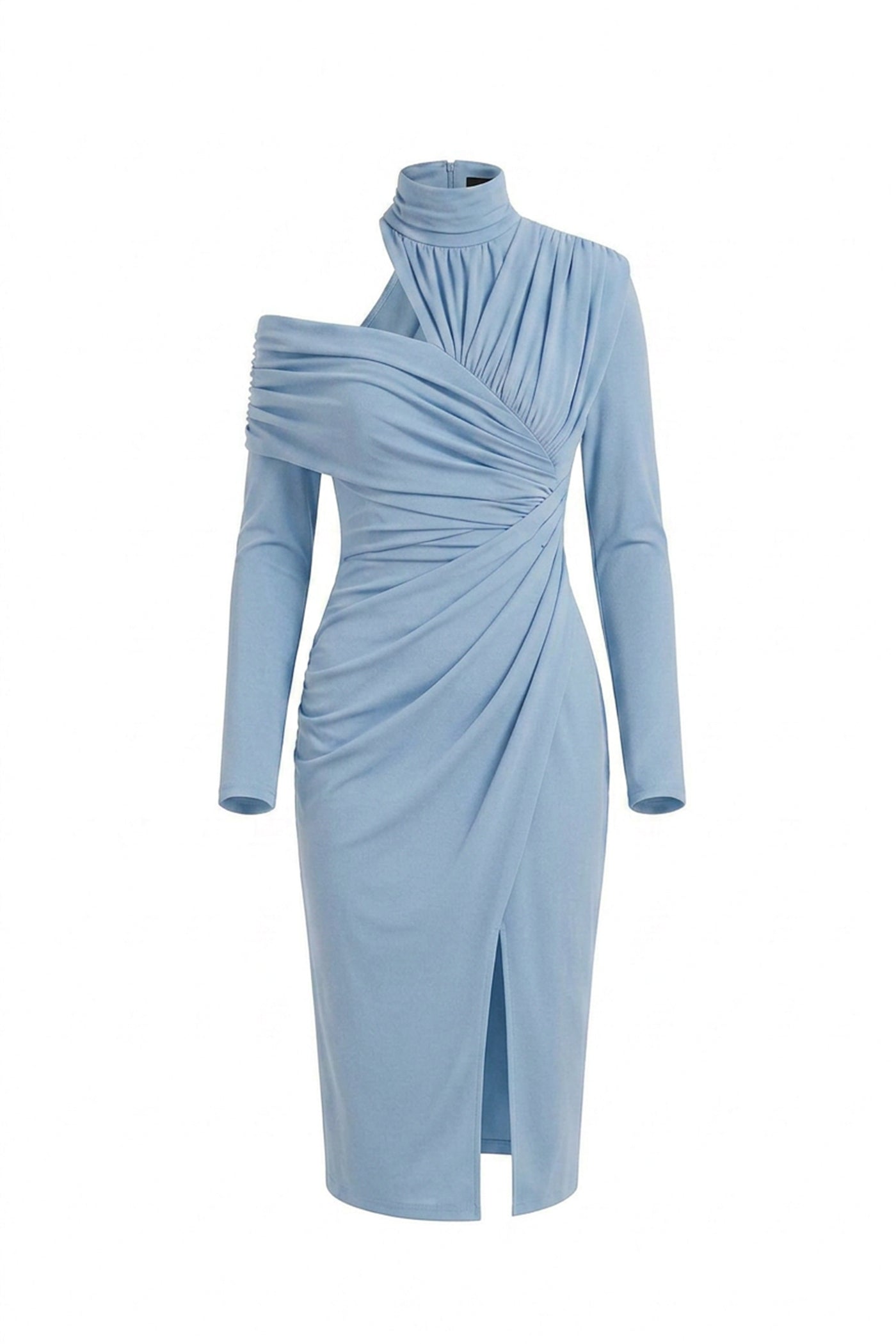 Charline Draped Cold-Shoulder Midi Dress With Front Slit - Light Blue