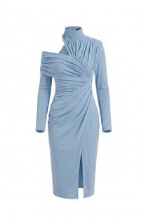 Charline Draped Cold-Shoulder Midi Dress With Front Slit - Light Blue