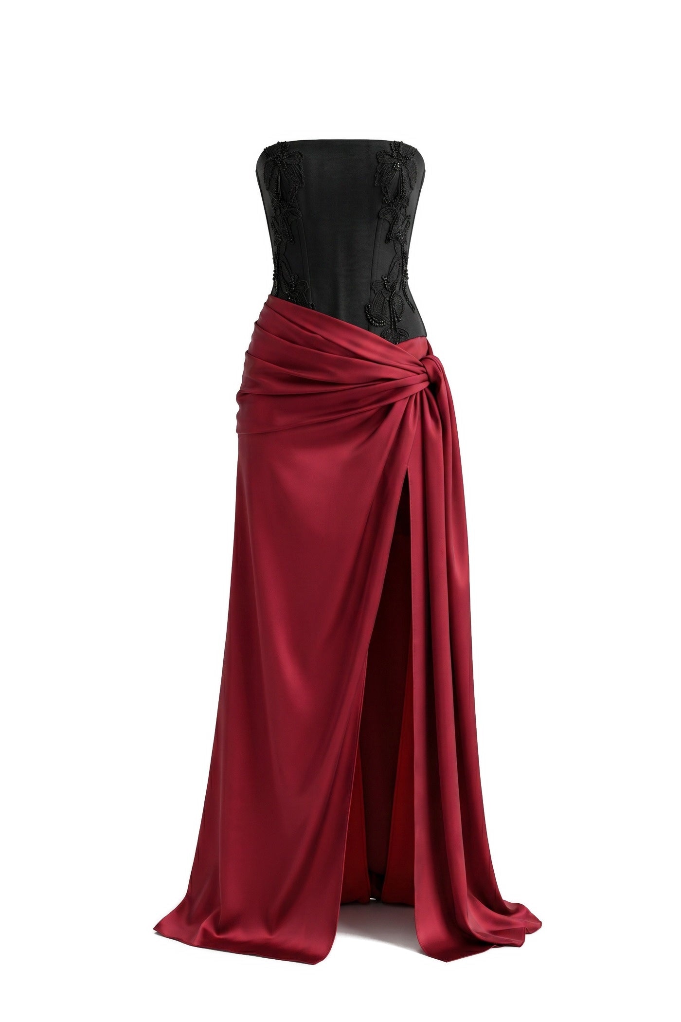 Léonie Strapless Colorblock Gown With Satin Skirt And Bow Tie - Black/Red