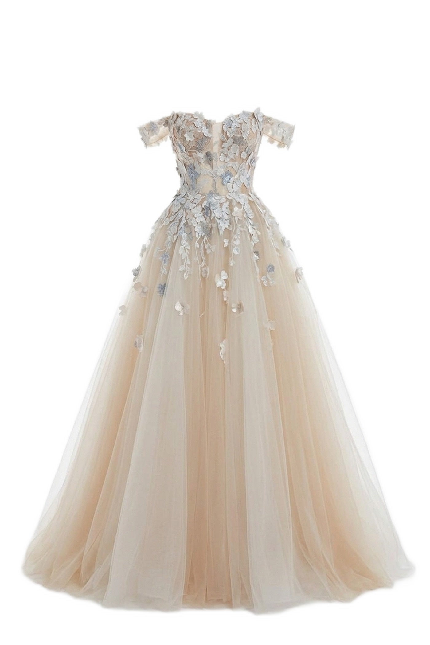 Théodoline Off-Shoulder Tulle Ballgown With 3D Floral Appliqué Bodice - Ivoire