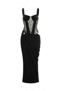 Aria Velvet Mermaid Gown With Lace Corset Bodice And Side Cutout - Black