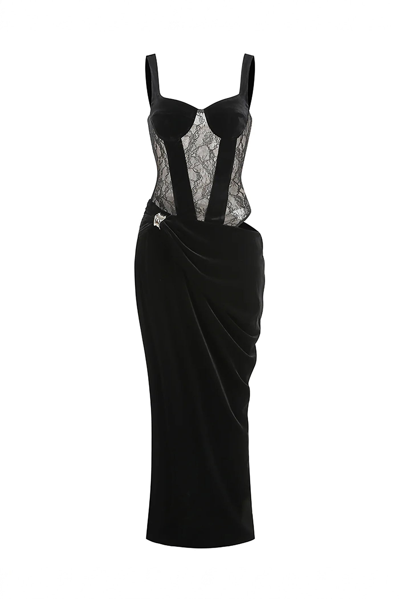 Aria Velvet Mermaid Gown With Lace Corset Bodice And Side Cutout - Black