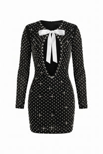 Rosaline Long-Sleeve Mini Dress With Pearl Embellishments And Bow Tie Cutout - Black