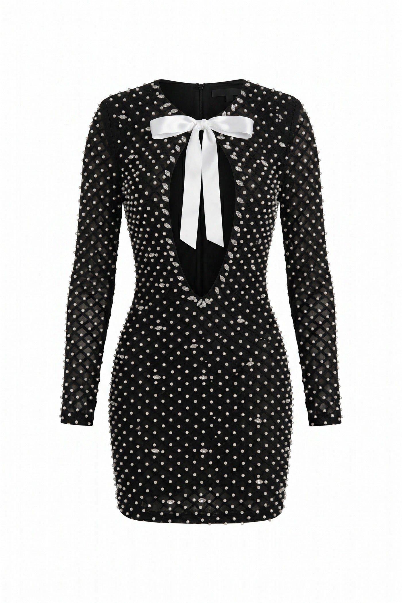 Rosaline Long-Sleeve Mini Dress With Pearl Embellishments And Bow Tie Cutout - Black