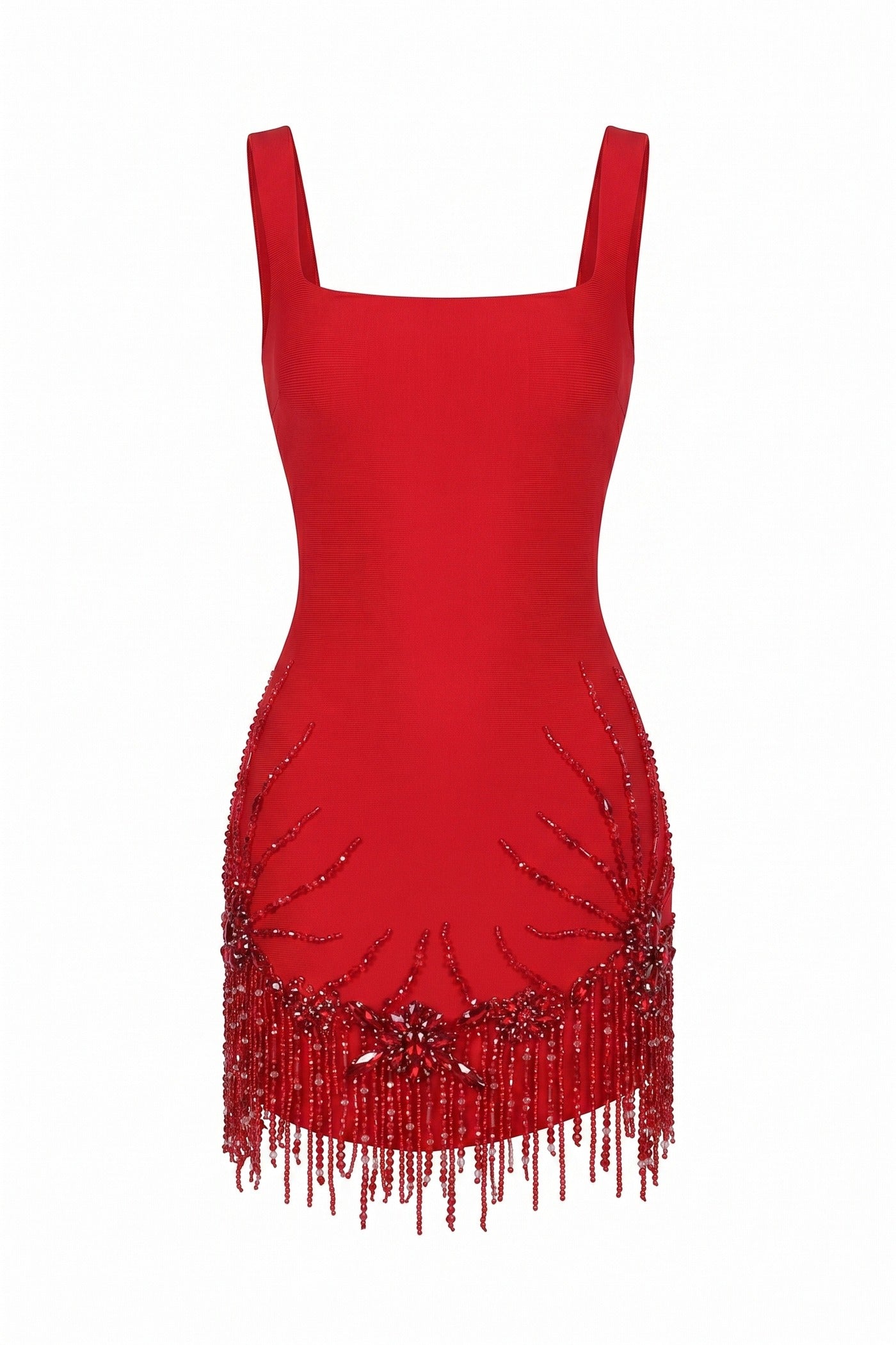 Ozanne Square-Neck Mini Dress With Crystal Fringe Hem - Red