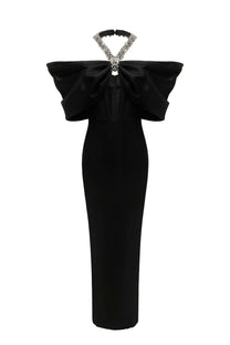 Viviane Off-Shoulder Draped Maxi Dress With Crystal Straps - Black