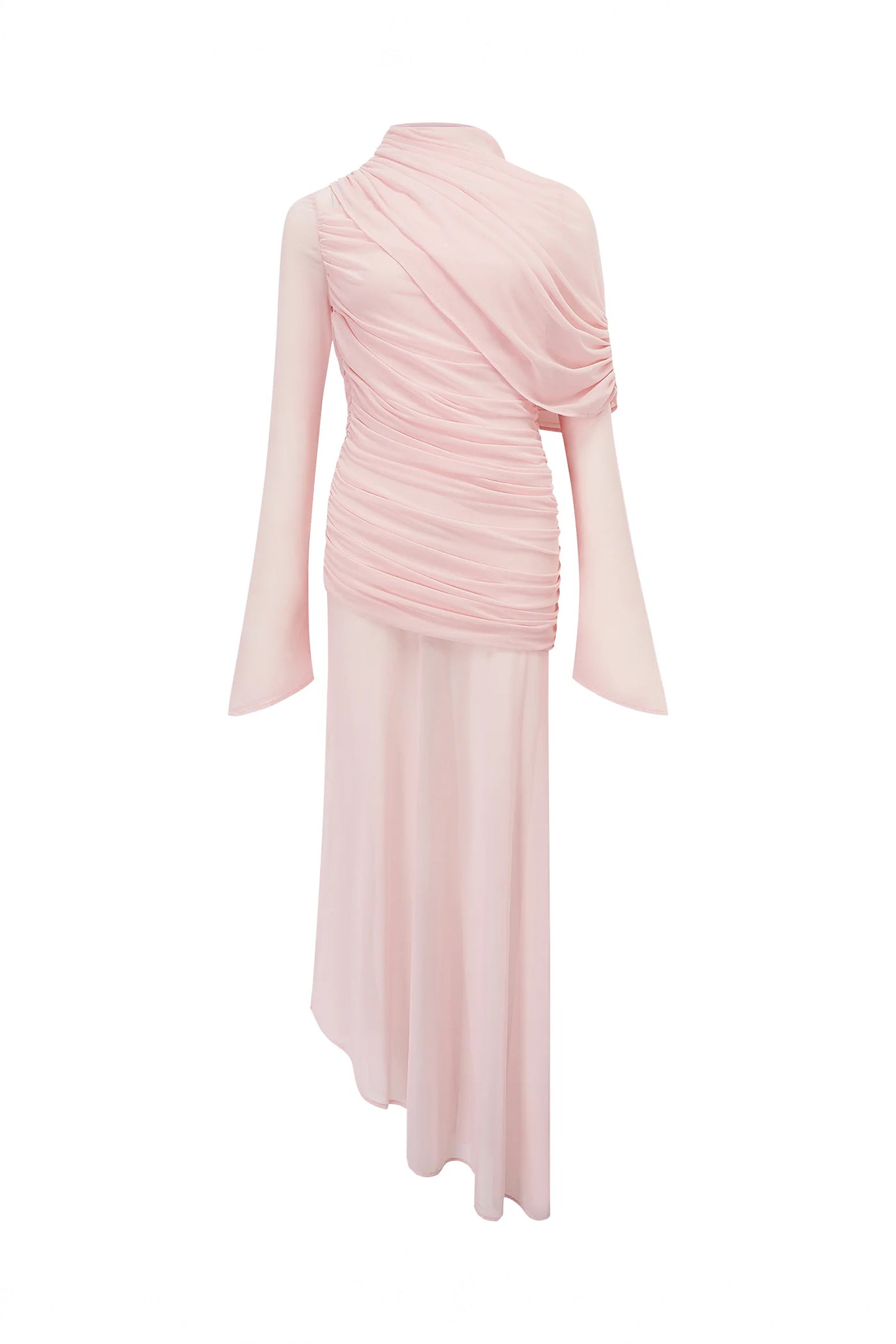 Roseline Long-Sleeve Mesh Gown With Diagonal Ruching And Asymmetric Hem - Pink