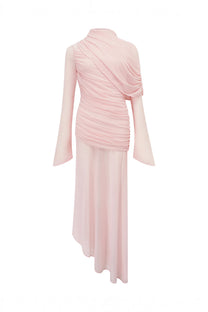 Roseline Long-Sleeve Mesh Gown With Diagonal Ruching And Asymmetric Hem - Pink