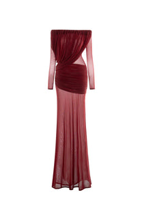 Eléonore Off-Shoulder Mesh Gown With Draped Long Sleeves - Burgundy
